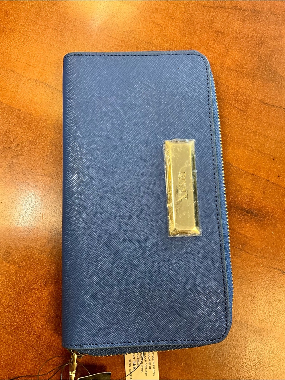 Dkny Navy Zip-Around Saffiano Wallet with Gold Plaque